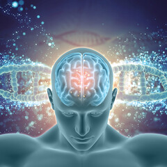 Obraz premium 3D render of a medical background with male figure with brain highlighted on DNA strands