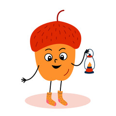 Happy acorn in socks with lantern in hand. Autumn character © Idressart