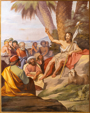 GENOVA, ITALY - MARCH 6, 2023: The fresco of  Sermon of St. John the Baptis in the church Santuario di San Franceso da Paola by Giuseppe Isola (1840).