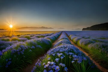 Fototapeta premium lavender field at sunrise generative in ai technology