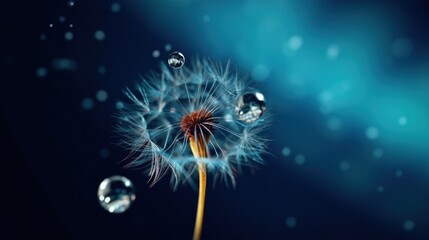 The Serenity of a Water Drop on Dandelion Parachute against Dark Blue.