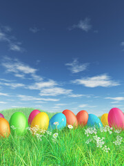 3D render of Easter eggs in grass and daisy landscape