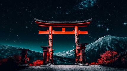 Torii gate with mountains and starry sky in background, AI generated, idea for background or banner