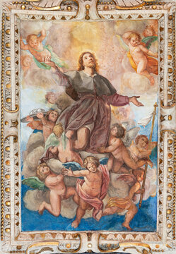 GENOVA, ITALY - MARCH 8, 2023:  The ceiling frescoes from life of St. Roch in the chruch Chiesa di San Rocco sopra Principe by Giovanni Carlone  (1584 &ndash; 1631).