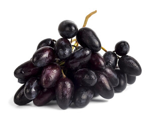 a bunch of fresh wet blue grapes on a white background