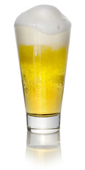 Sweating glass of foamy light beer with bubbles on white background
