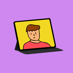 Video call on tablet. Video conference with friend, family member. Portrait with male in yellow t - shirt. Hand drawn doodle cartoon style characters (Full Vector)