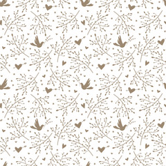 Seamless pattern with birds, branches and hearts