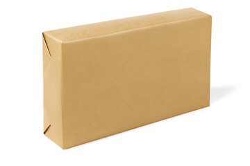 Box Wrapped With Brown Paper on White Background