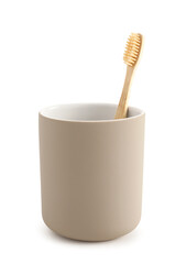 Bamboo tooth brush in holder on white background