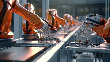 Smart industry robot arms for digital factory production technology showing automation manufacturing process of the Industry 4.0 or 4th industrial revolution and IOT software to control operation.