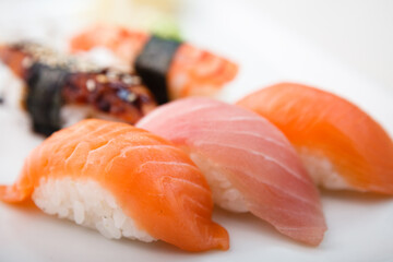 Sushi set with shrimp, tuna, trout, eel and smoked salmon