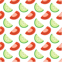 Pattern of halves of cucumber and tomato. Salad ingredients. Pattern of food on a white background. Vegan and healthy meal. Kitchen cooking. Freshness and vitamins. Vector illustration
