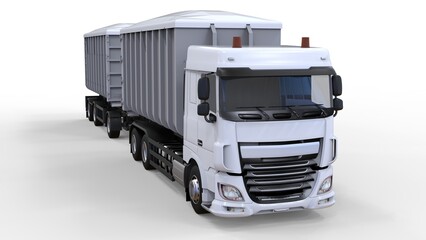 Large white truck with separate trailer, for transportation of agricultural and building bulk materials and products. 3d rendering