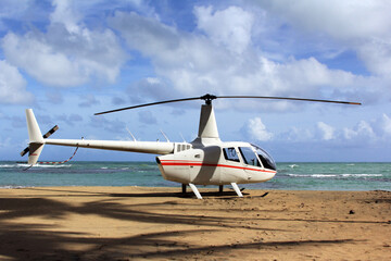 Small helicopter for excursions on a deserted beach. Dominican Republic