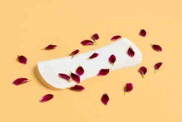 Composition with menstrual pad and flower petals on beige background, closeup