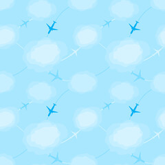 Blue seamless pattern with planes in the sky