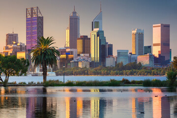 Cityscape image of Perth skyline, Australia during sunset.