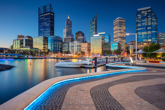Cityscape image of Perth downtown skyline, Australia during sunset.