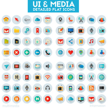 Trendy flat detailed multimedia, information, web and social colored icons on white background