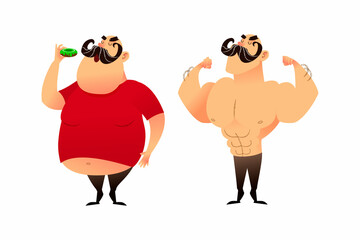 A fat guy and an athlete. Before and after. Doing sports and eating healthy concepts. A man with obesity is eating a donut. The strongman and the wrestler show their muscles. Successful weight loss an