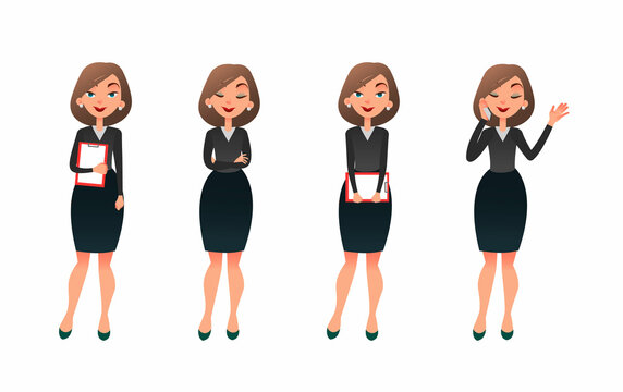 Set character businesswoman in various poses. Cartoon secretary or teacher on different working situations. Smiling business woman flat character on a white background