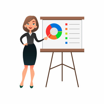 Funny cartoon woman manager presenting whiteboard about financial growth. Young businesswoman making presentation and showing diagrama on whiteboard