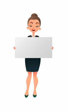 Woman manager or teacher holding a white board against white background. Businessman holds a horizontal poster. Lecturer showing blank signboard with copyspace.