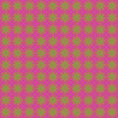 Pink seamless pattern with green geometric floral ornament