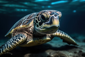a sea turtle swimming in the ocean, with its head slightly to the camera's side and it's eyes open