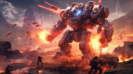 Epic clash between colossal mechs in a war - torn landscape, with explosions and laser beams lighting up the scene