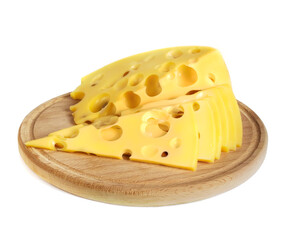 a piece of cheese with large holes lies on a white board