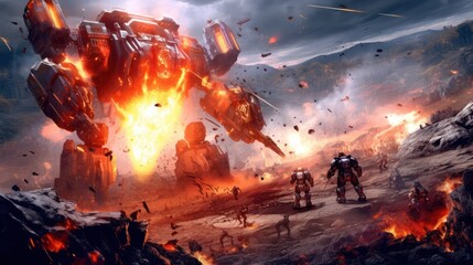 Epic clash between colossal mechs in a war - torn landscape, with explosions and laser beams lighting up the scene