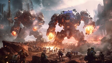 Epic clash between colossal mechs in a war - torn landscape, with explosions and laser beams lighting up the scene