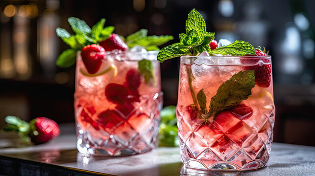 two cocktails with strawberries and mint on the side, sitting on a table in front of a bar