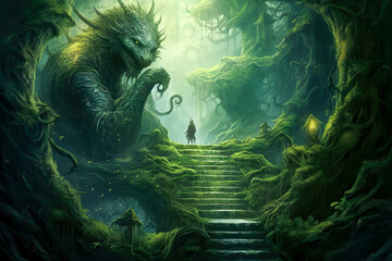 Fantasy painting, dragon monster creature, small figure on top of stone staircase, green forest, magic.