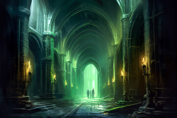 Gothic arched hallway with torches and green glow, fantasy, medieval, painting.