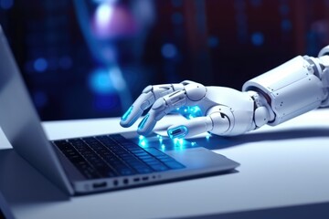 Robot hands and fingers point to laptop button. Generative AI