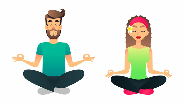 Man and woman meditate in lotus pose. Cartoon happy married couple practicing yoga lesson. Young people doing yoga asana. Young female and male wearing sport clothes in relaxed pose.