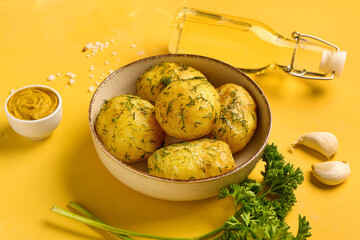 Plate of boiled baby potatoes with dill and mustard on yellow background