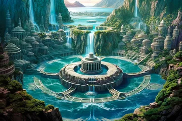 Fantasy city landscape, Atlantis, coastal water island civilization, waterfalls. © Sunshower Shots