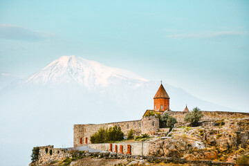 Cinematic view historical landmark in Armenia - Khor Virap monastery with Ararat mountain peak...