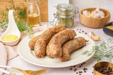 Plate of tasty homemade sausages on light background