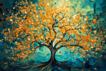 Multicolor abstract autumn tree painting . Colorful leaves forming a Tree of Life. Dark gold and aquamarine, eco, earthy color palettes, textured illustration. Ai generative. - obrazy, fototapety, plakaty