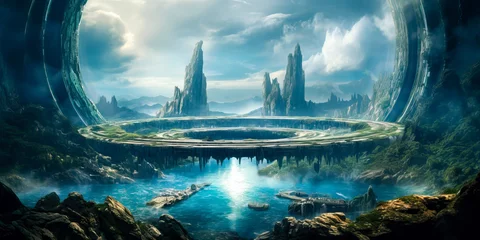 Gordijnen Science fiction landscape, giant stone rings, round, gate, portal, wide. © Sunshower Shots