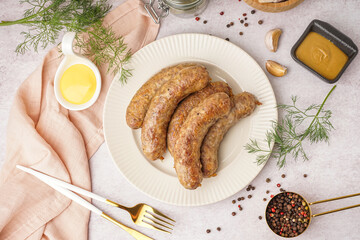 Plate of tasty homemade sausages with sauces on light background