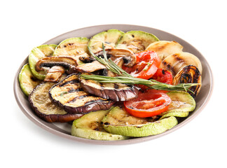 Plate with different tasty grilled vegetables on white background