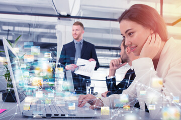 Businesswoman shares online document with a laptop and fast internet connection