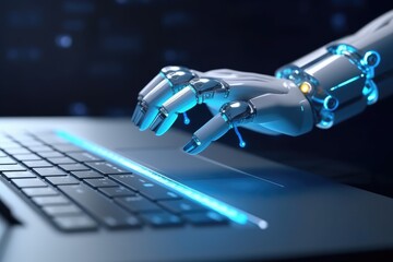 Robot hands and fingers point to laptop button. Generative AI