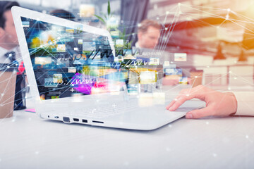 Fototapeta premium Businesswoman shares online document with a laptop and fast internet connection